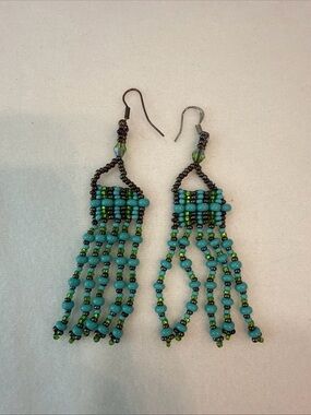 Turquoise and Green Beaded Fringe Earrings
